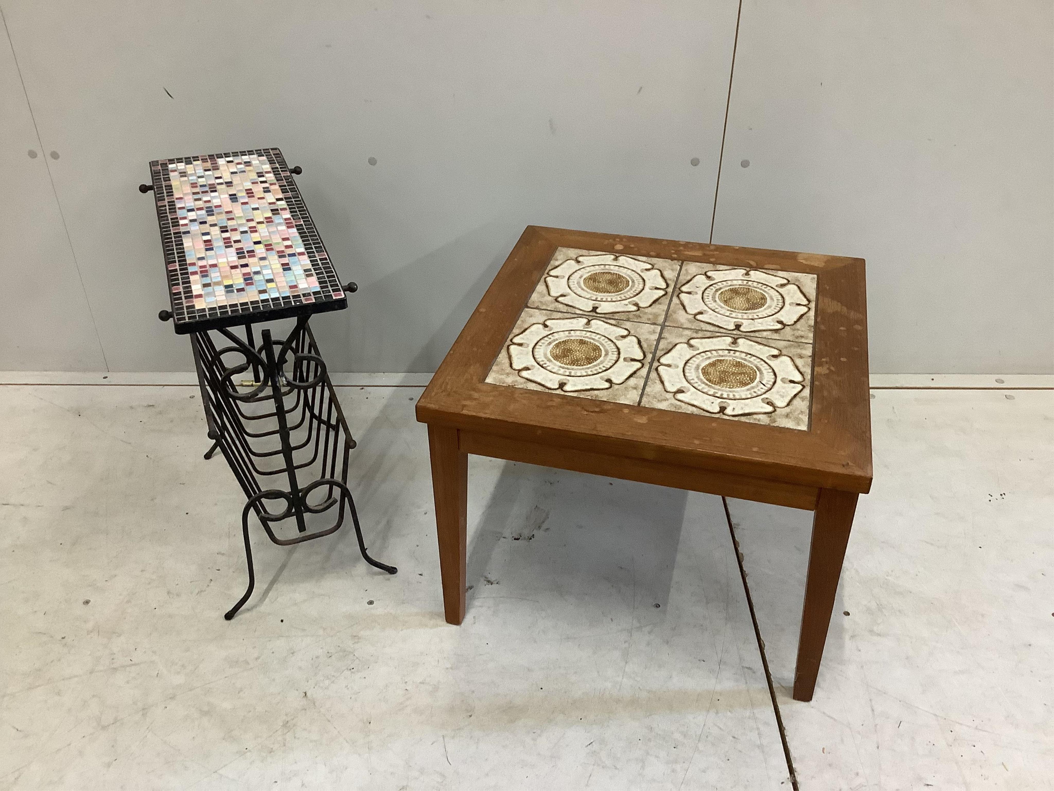 A mid century Italian style wrought iron and mosaic tile magazine table and a mid century tile top occasional table, larger width 54cm, height 41cm. Condition - poor to fair